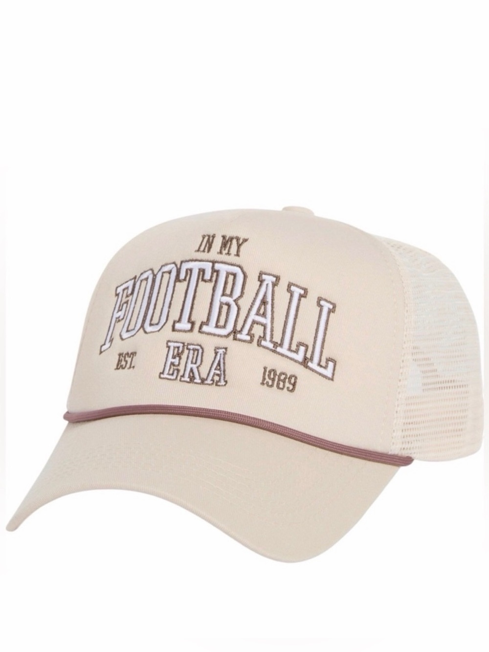 West Worn In My Football Era Trucker Hat Beige Cream Snapback Mesh Cap EST 1989